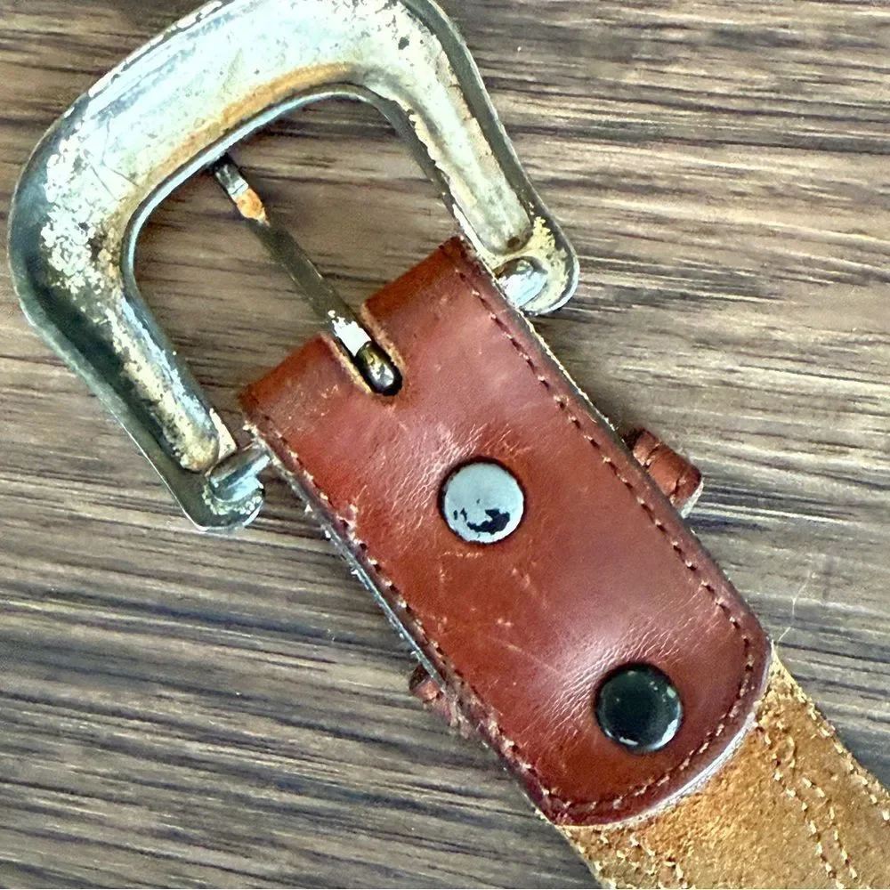 Vintage Nocona Brown Leather Belt with Silver Tone Ornate Buckle